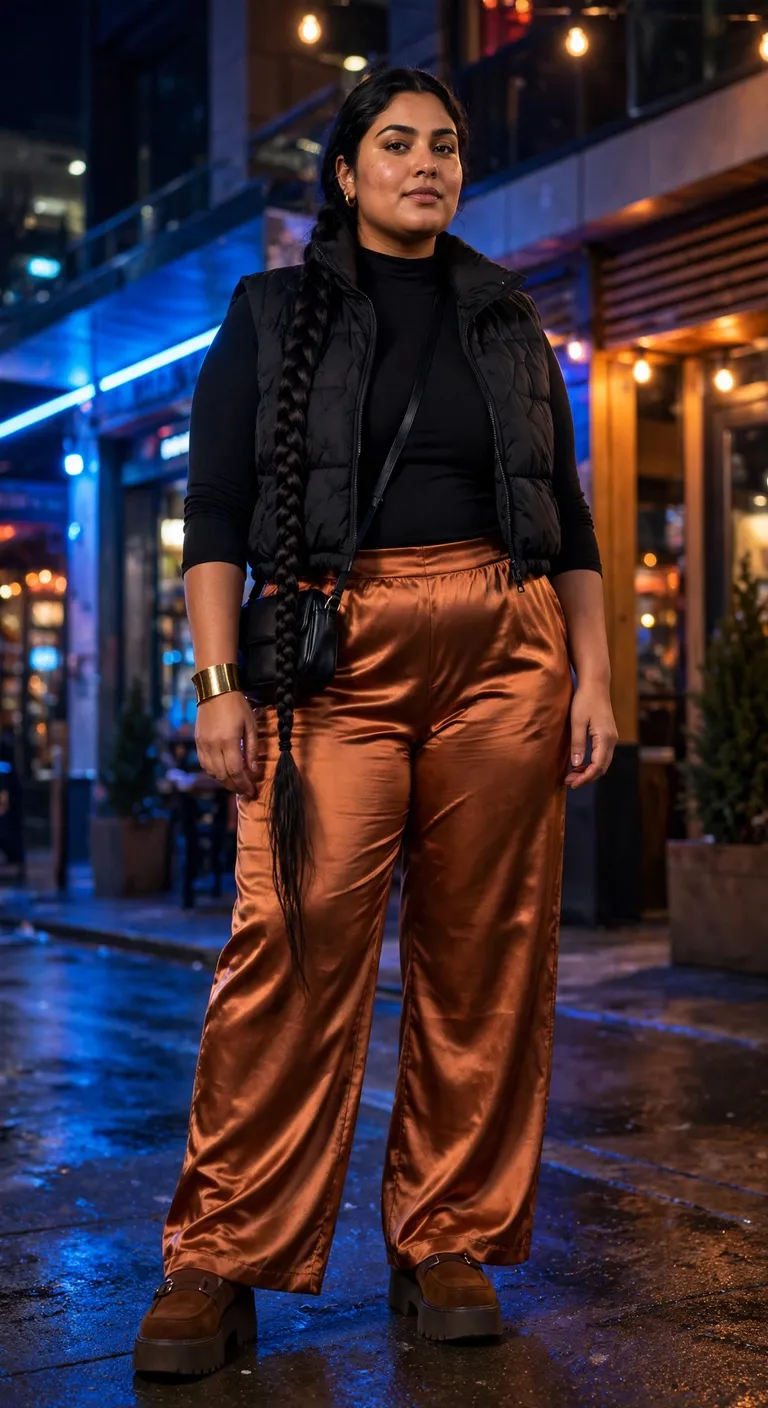 copper satin pants with a black mock neck