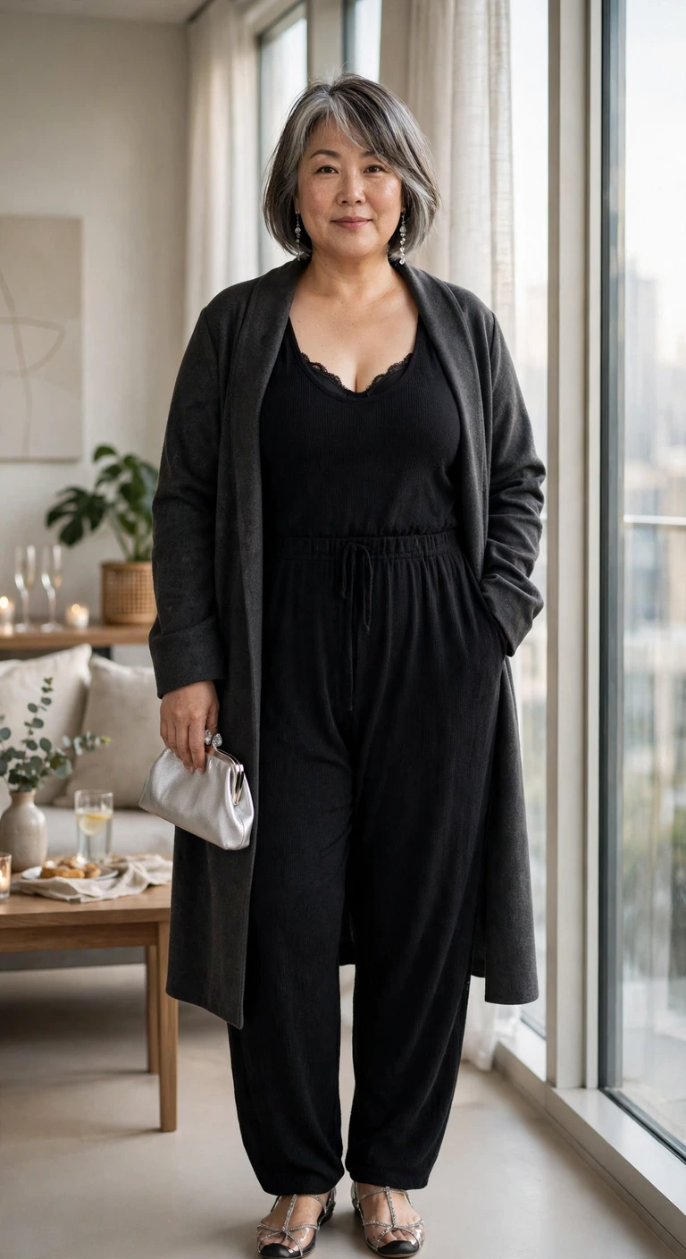 soft black knit jumpsuit with crystal accessories