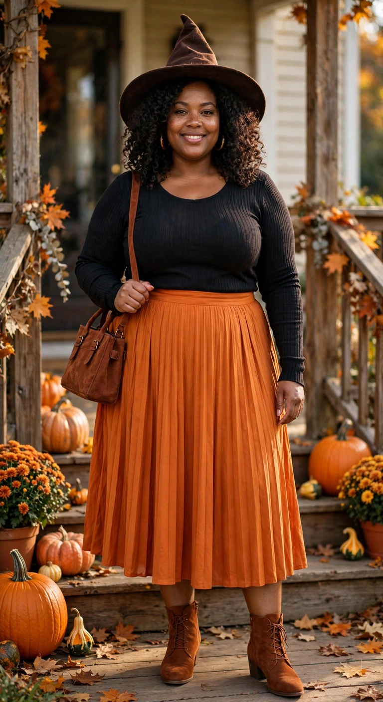 pumpkin orange skirt with a black knit top
