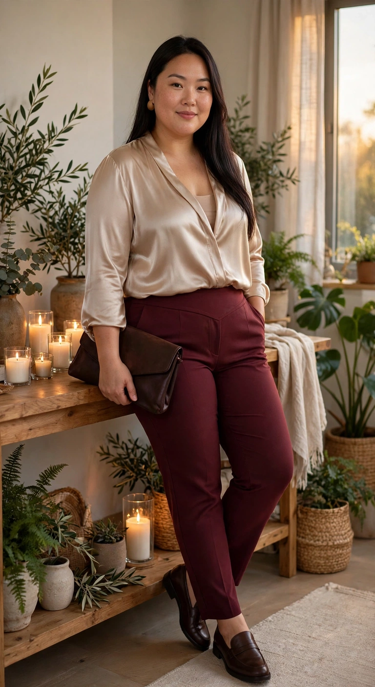 burgundy trousers with a champagne blouse
