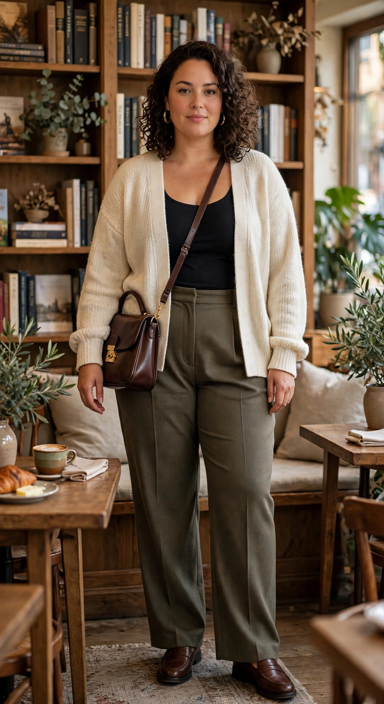 olive wool trousers with a cream cardigan and loafers