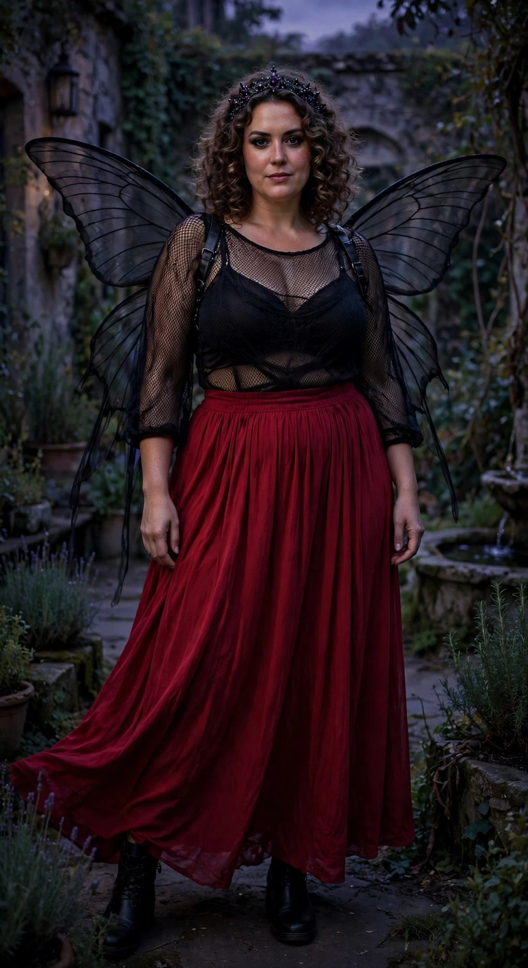black mesh top with a crimson maxi skirt for a dark fairy