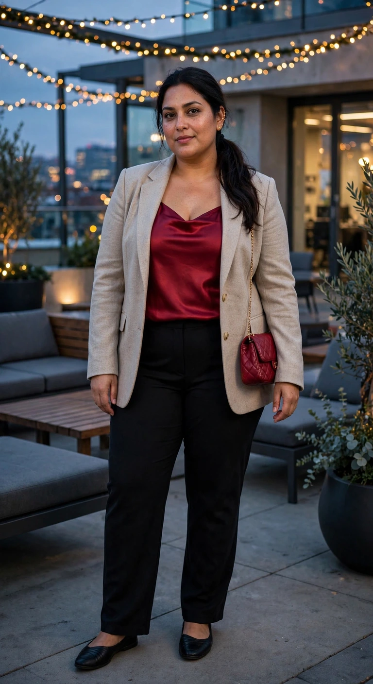 oatmeal blazer, ruby satin cami and black trousers