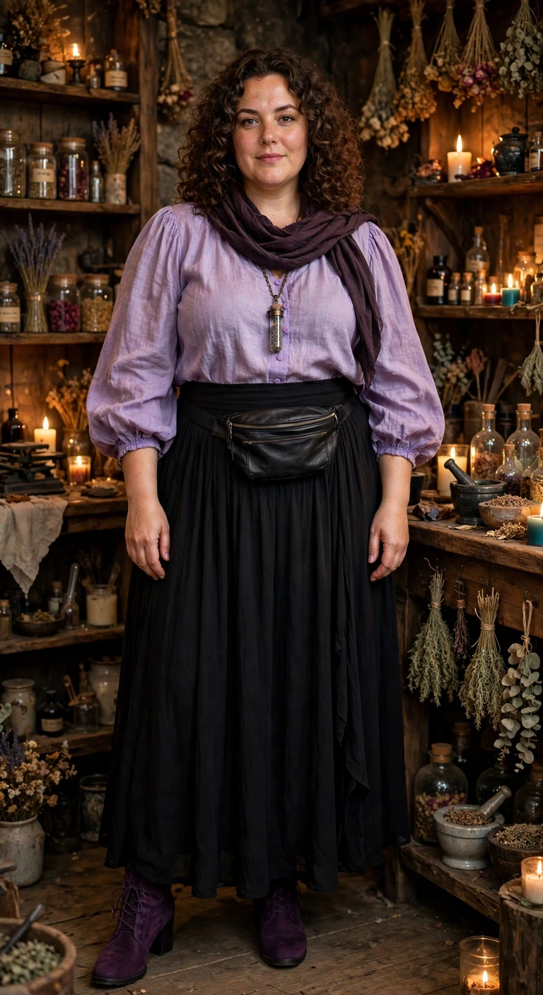 lavender blouse and black skirt for a potion maker