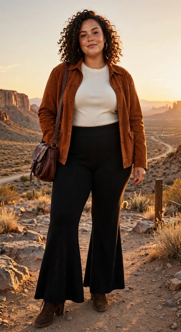 rust suede jacket with black knit flares