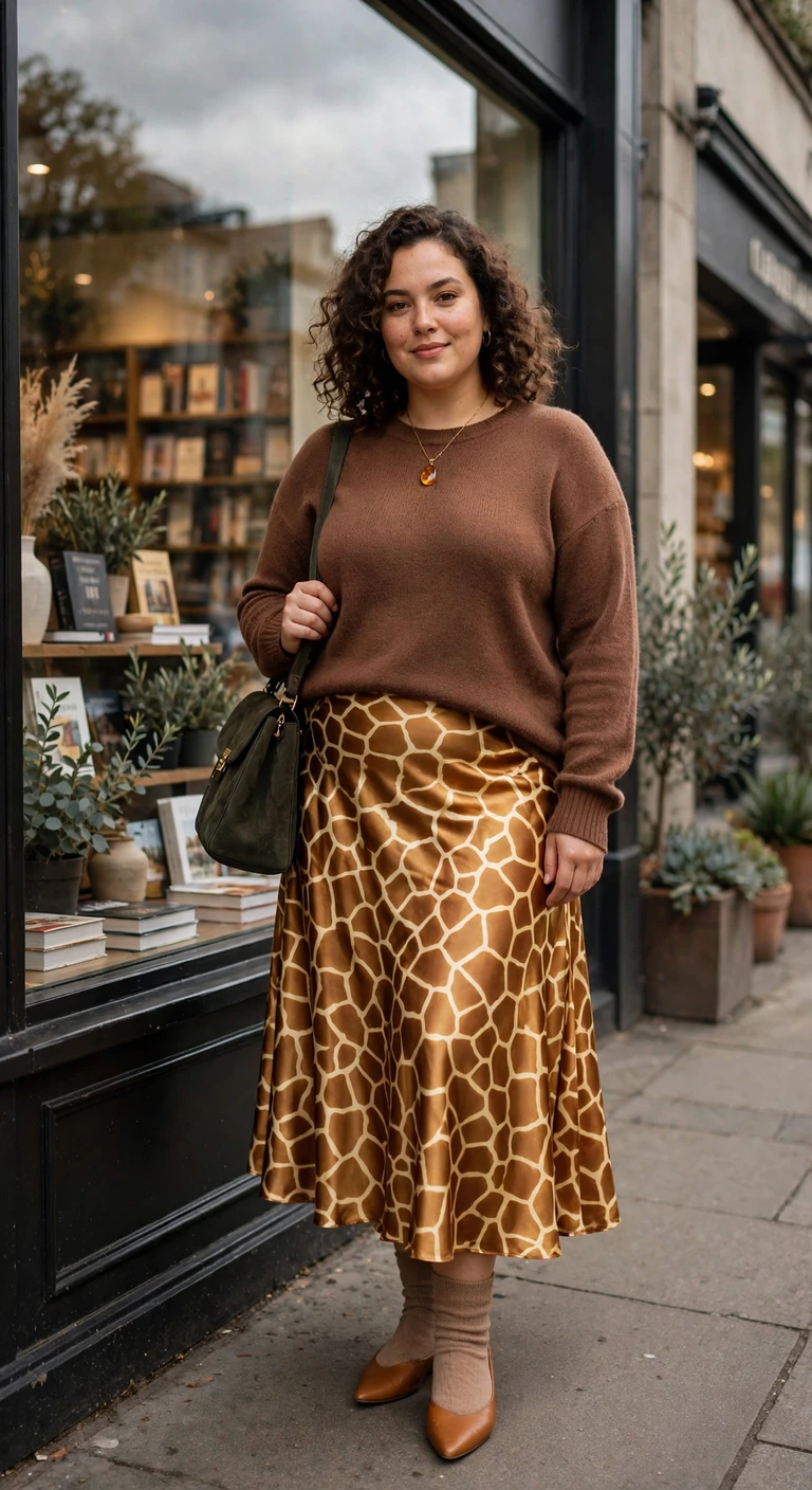 giraffe print satin skirt with a cocoa sweater