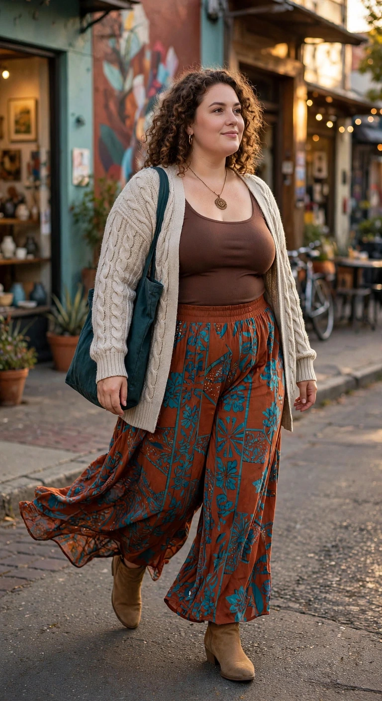 oatmeal cable cardigan with printed palazzo pants