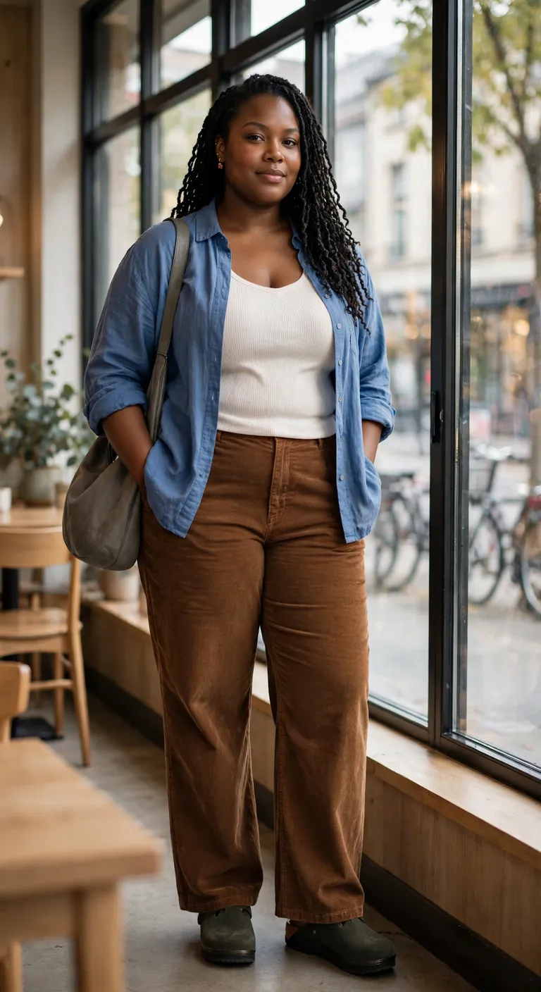 chestnut corduroy pants with soft blue shirt