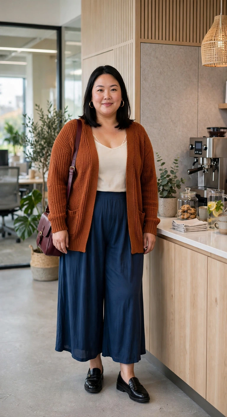 polished rust cardigan over ink blue culottes