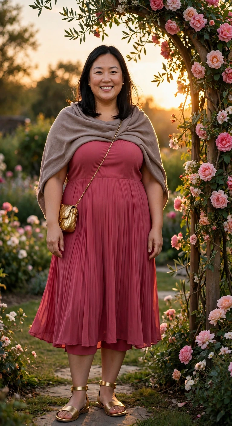 raspberry pleated dress with gold sandals