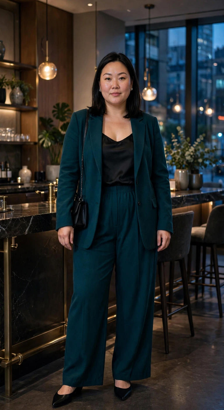 deep teal pantsuit with a satin camisole