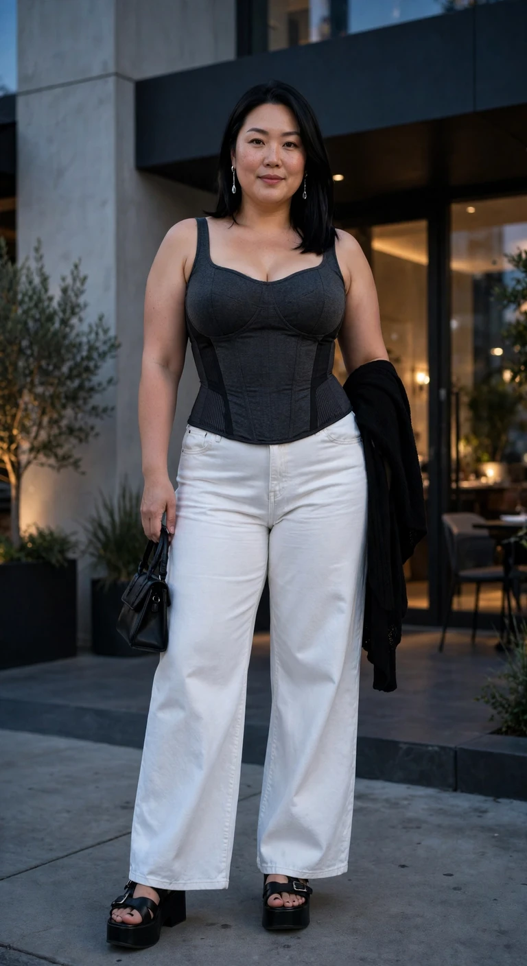 charcoal corset-style top with white wide leg jeans