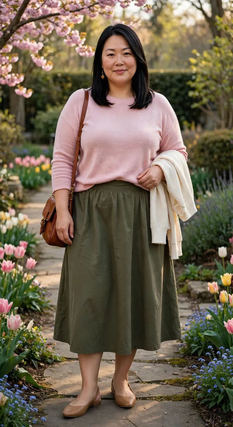 powder pink sweater with olive a line skirt