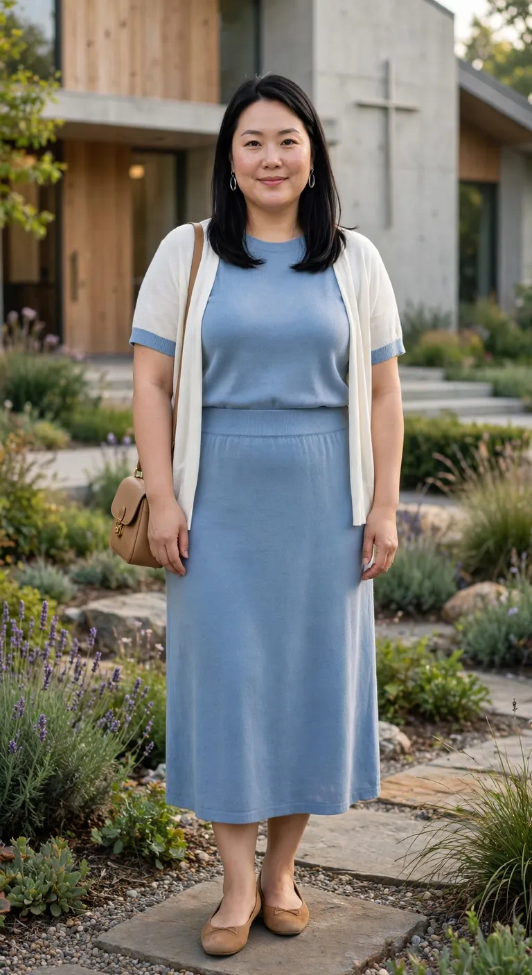 powder blue knit set with tan flats