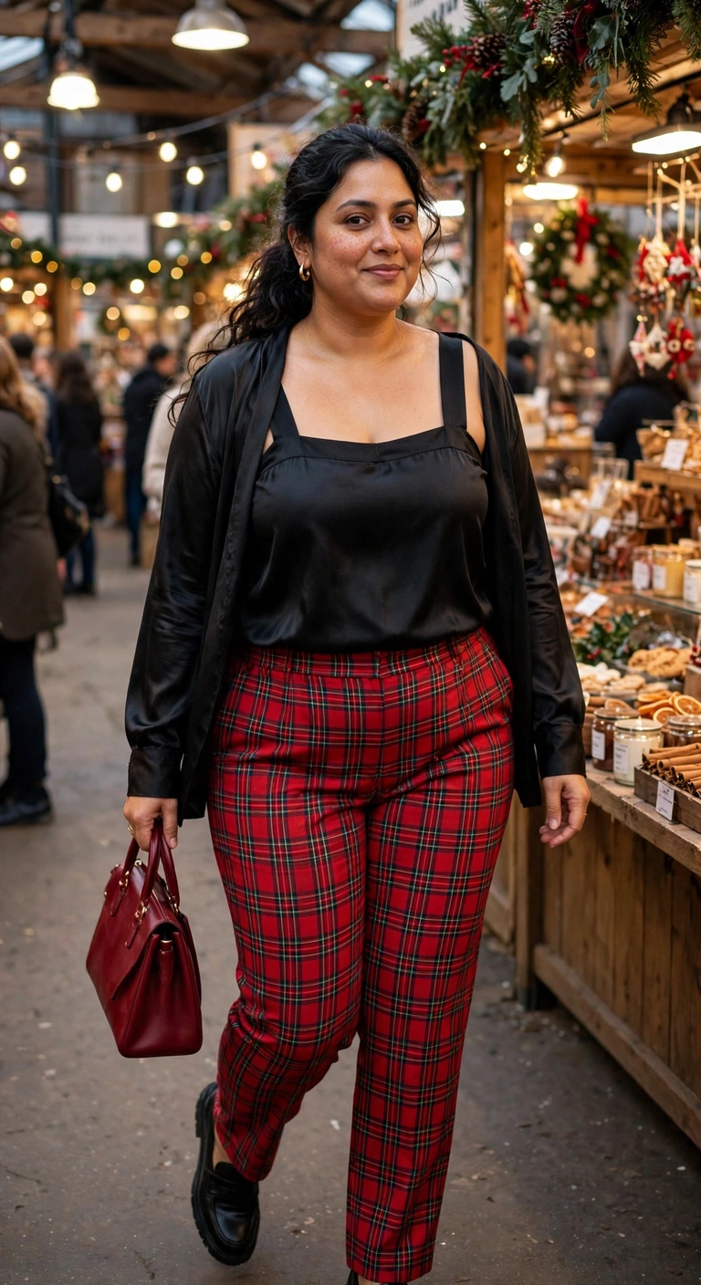 tartan trousers and a black satin blouse for dinner