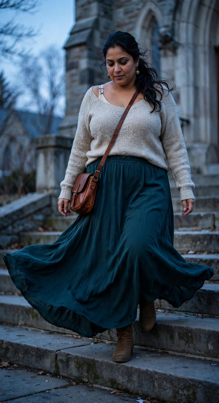 oatmeal sweater with a dark teal maxi skirt