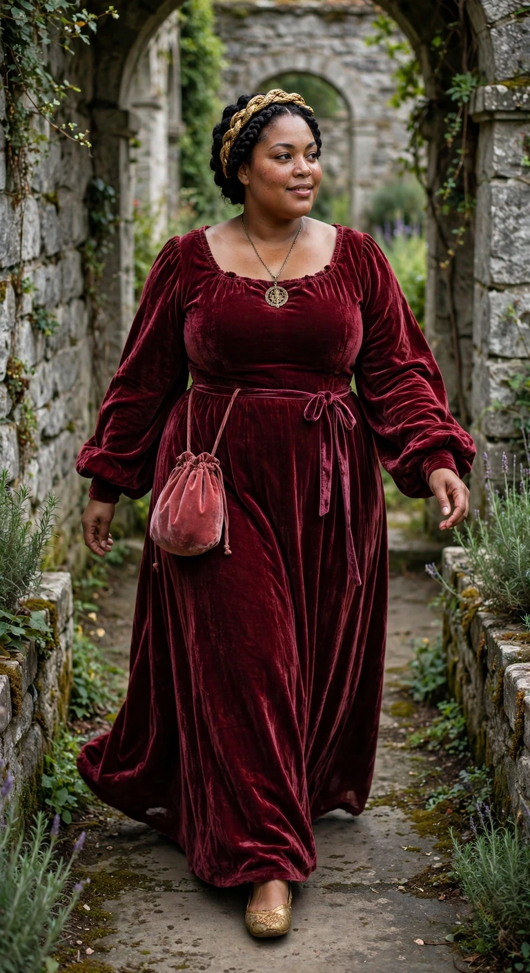 burgundy velvet gown and antique-gold flats