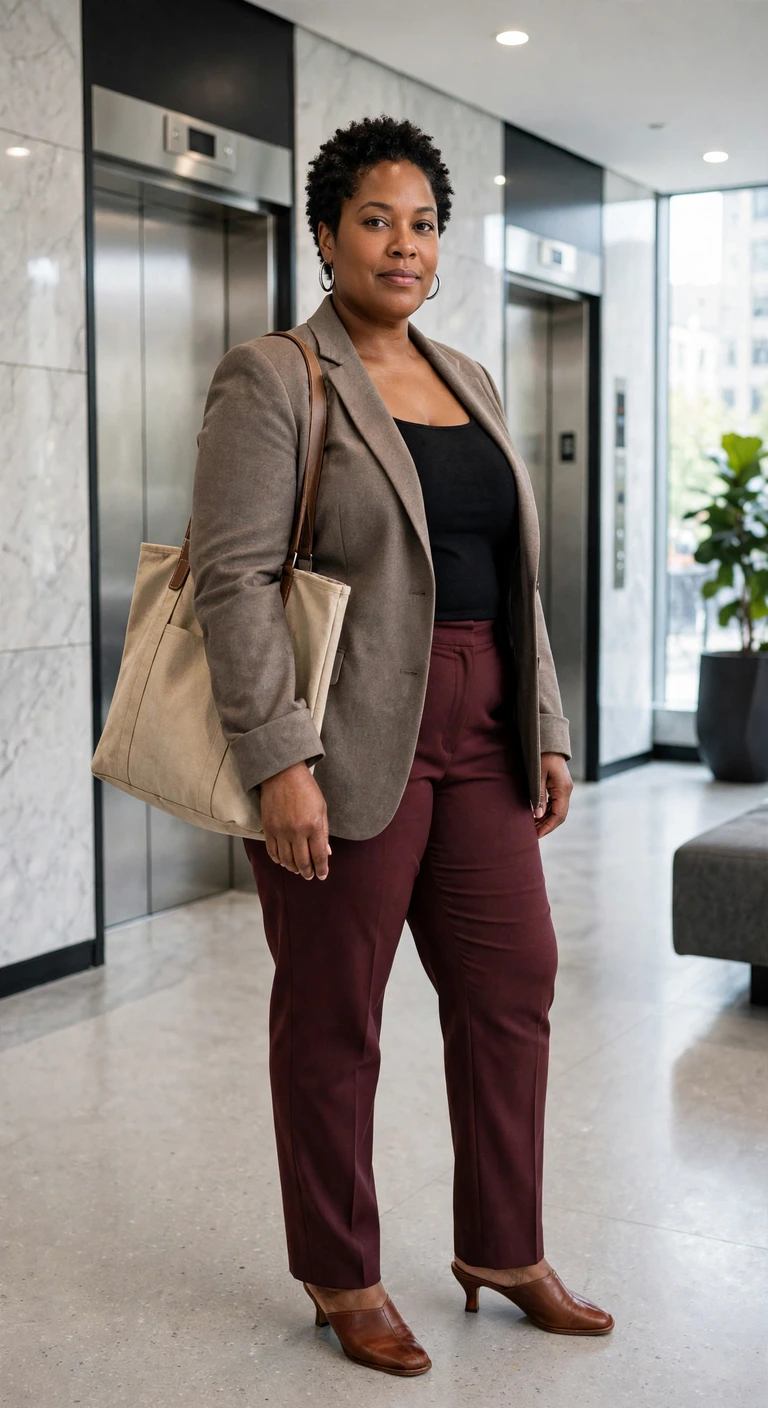 taupe blazer with wine straight leg pants
