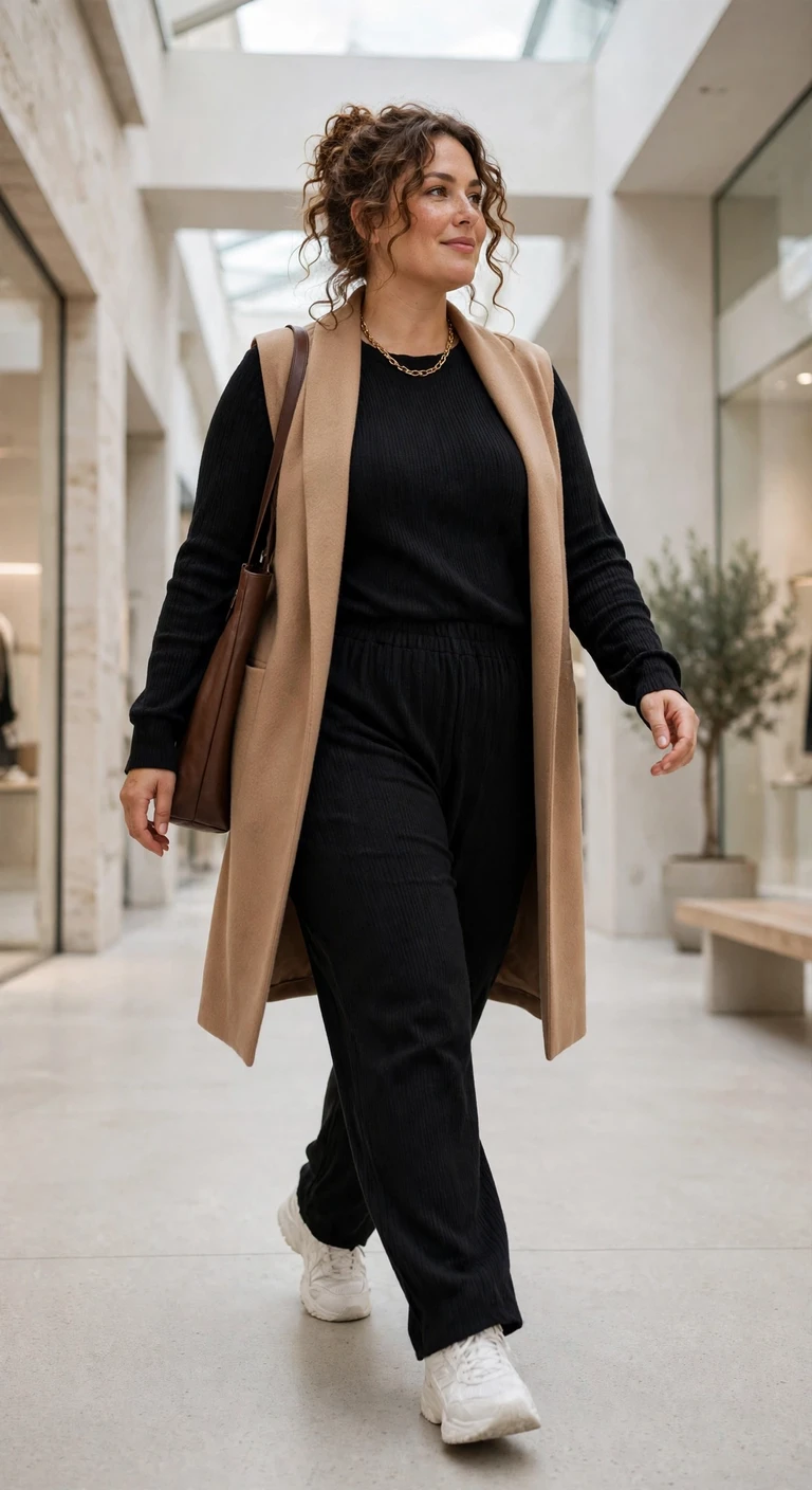 camel longline vest over a black knit set