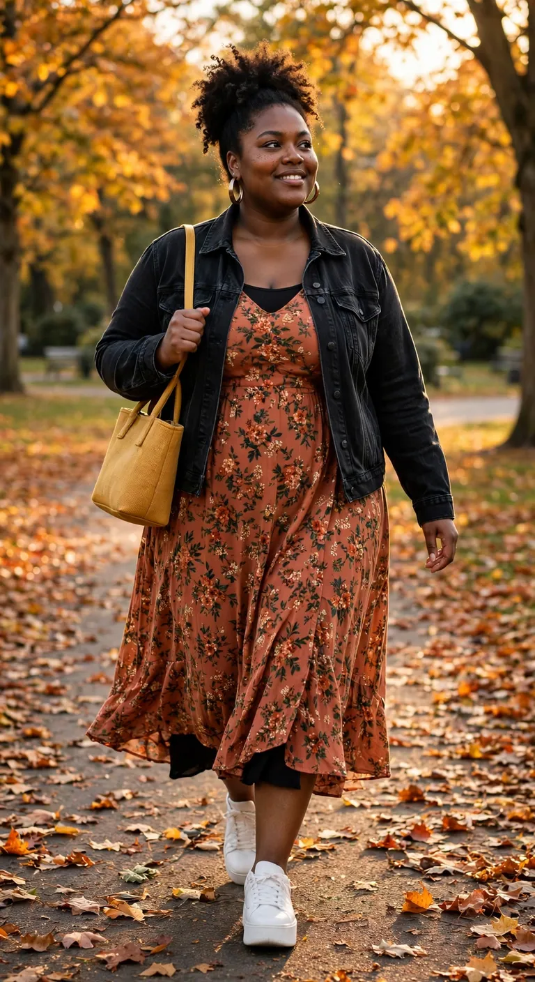 black denim jacket, printed midi and sneakers