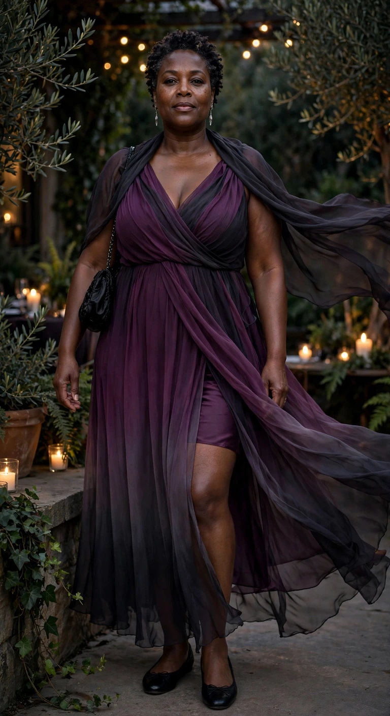 plum ombré chiffon maxi with black flats
