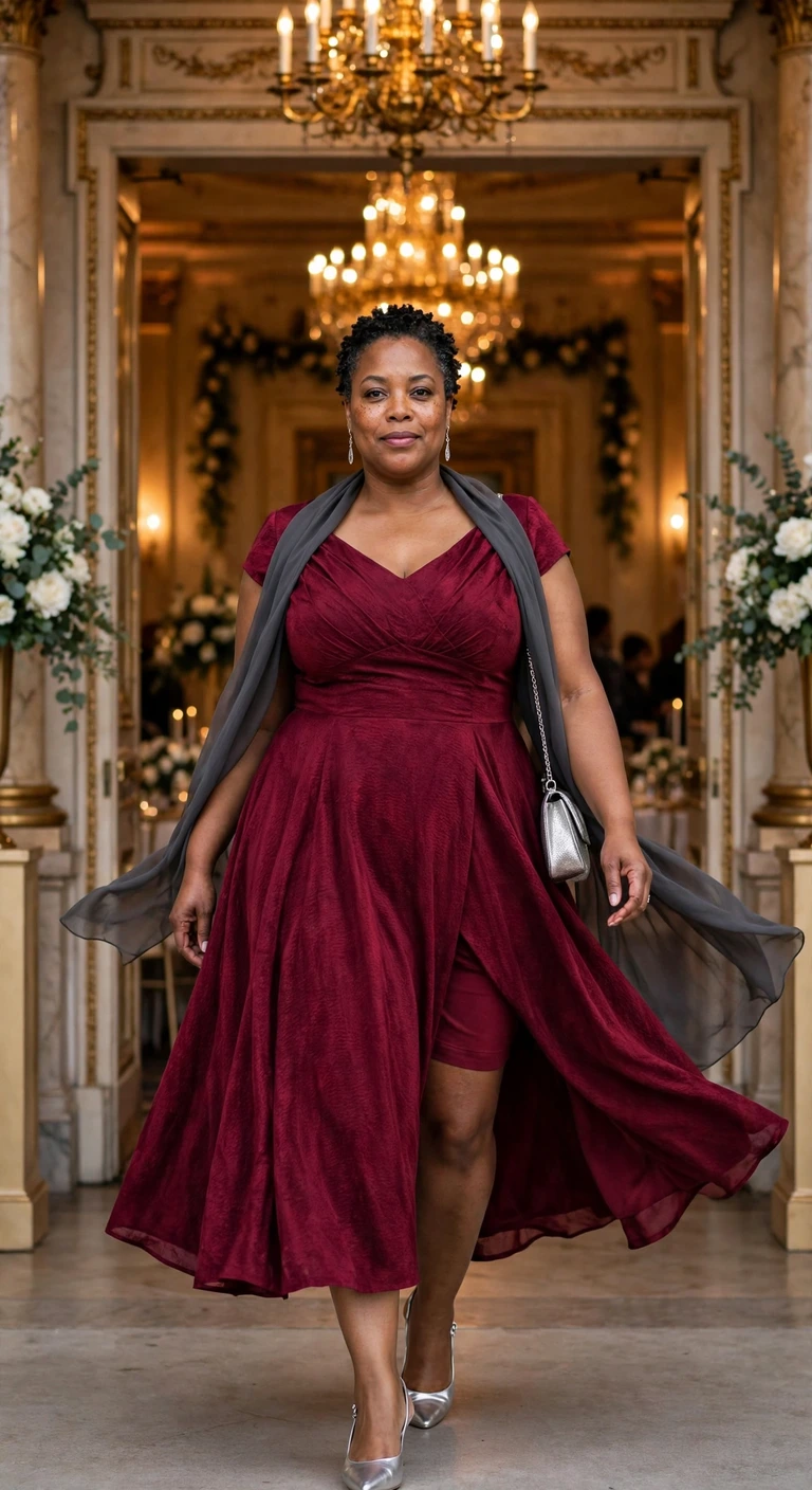 cranberry a line gown with silver slingbacks