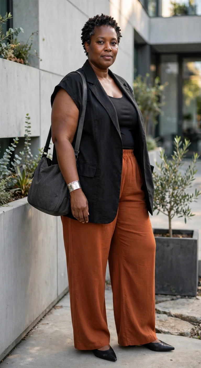 oversized black vest with rust wide leg pants