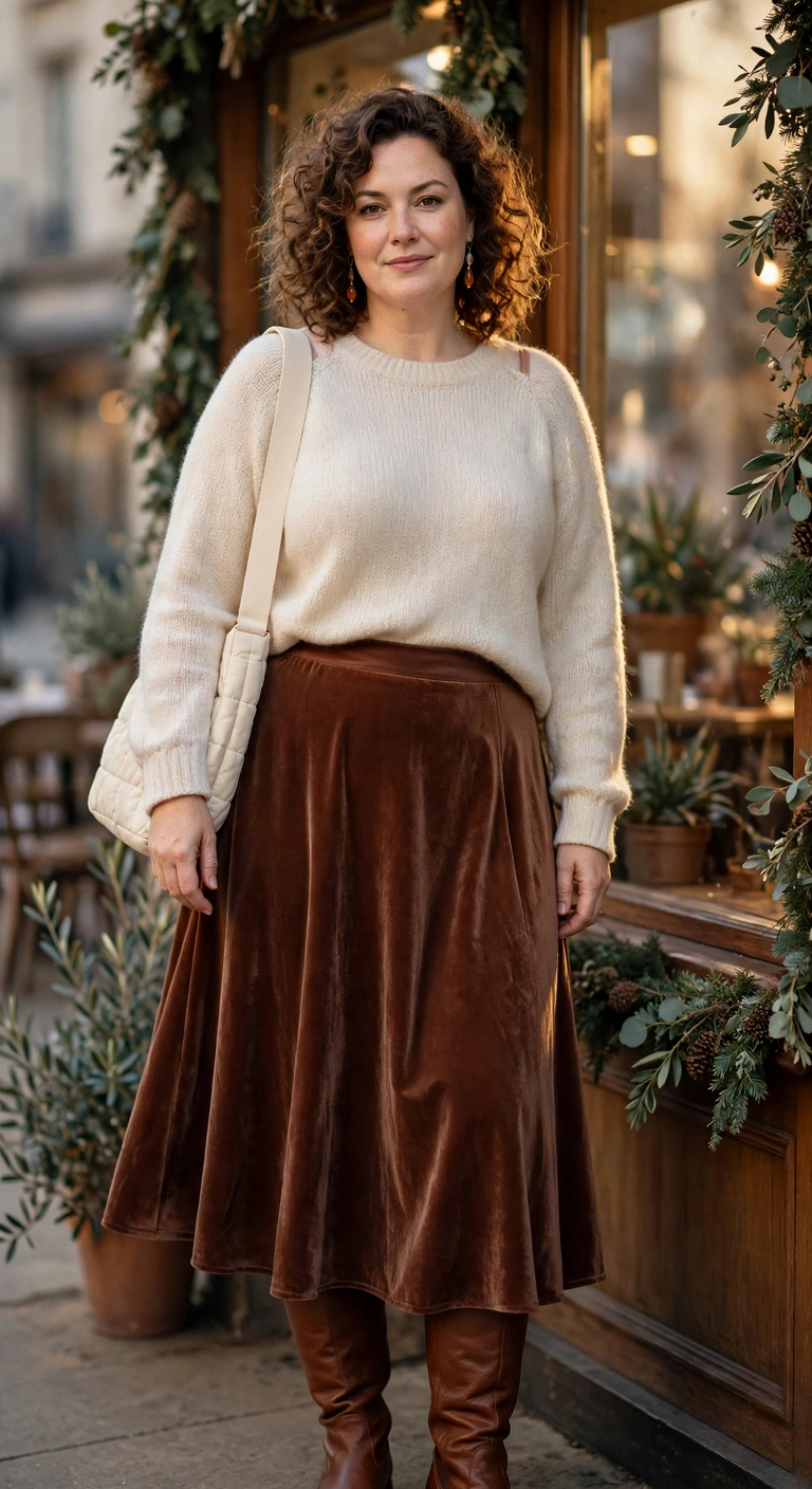 cocoa velvet skirt, cream sweater and tall boots