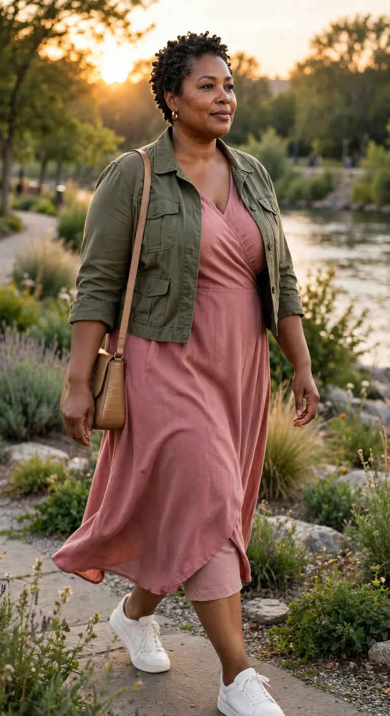 dusty rose midi dress with a cropped utility jacket