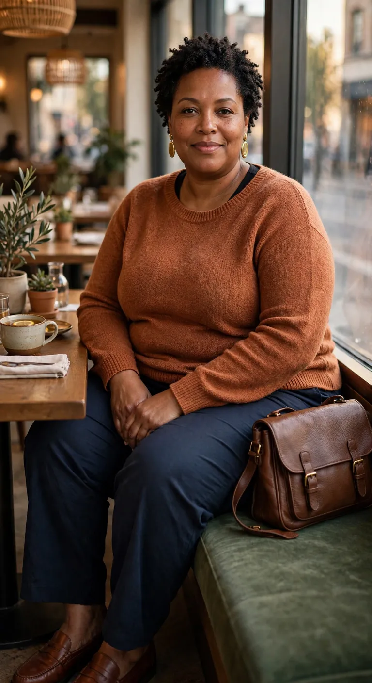 copper sweater with navy relaxed trousers