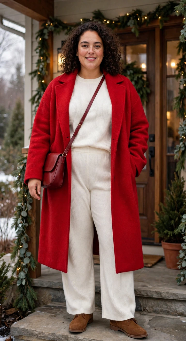 ivory knit set under a scarlet long coat