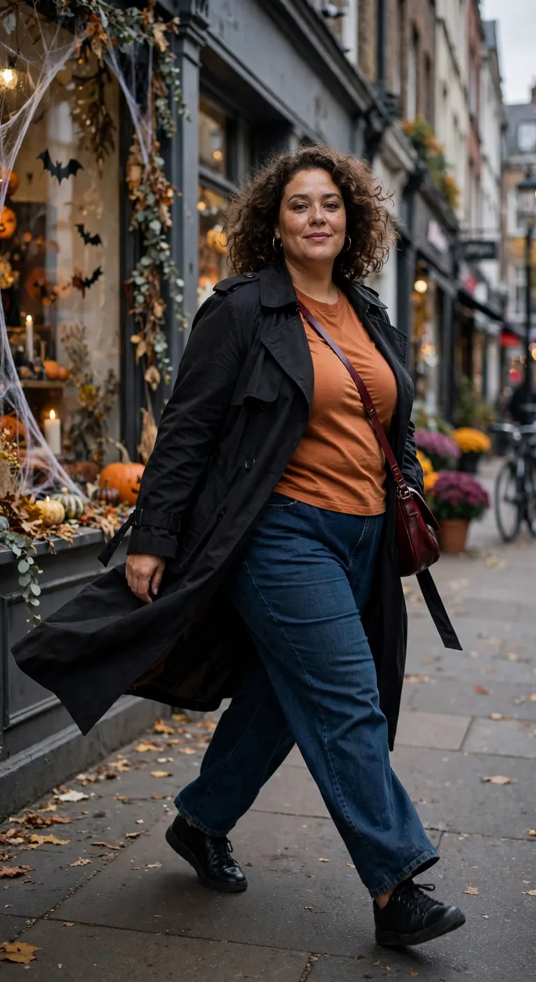 black trench, orange tee and dark denim