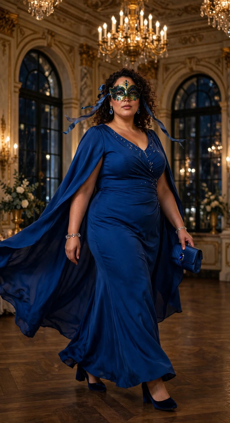 cobalt cape gown with a jeweled masquerade mask