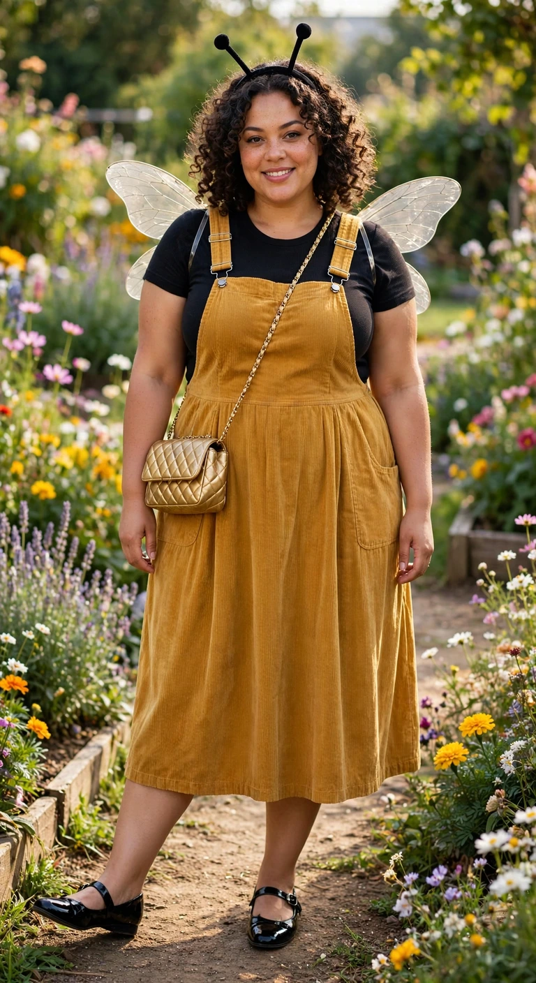 mustard pinafore with black-and-yellow bee details