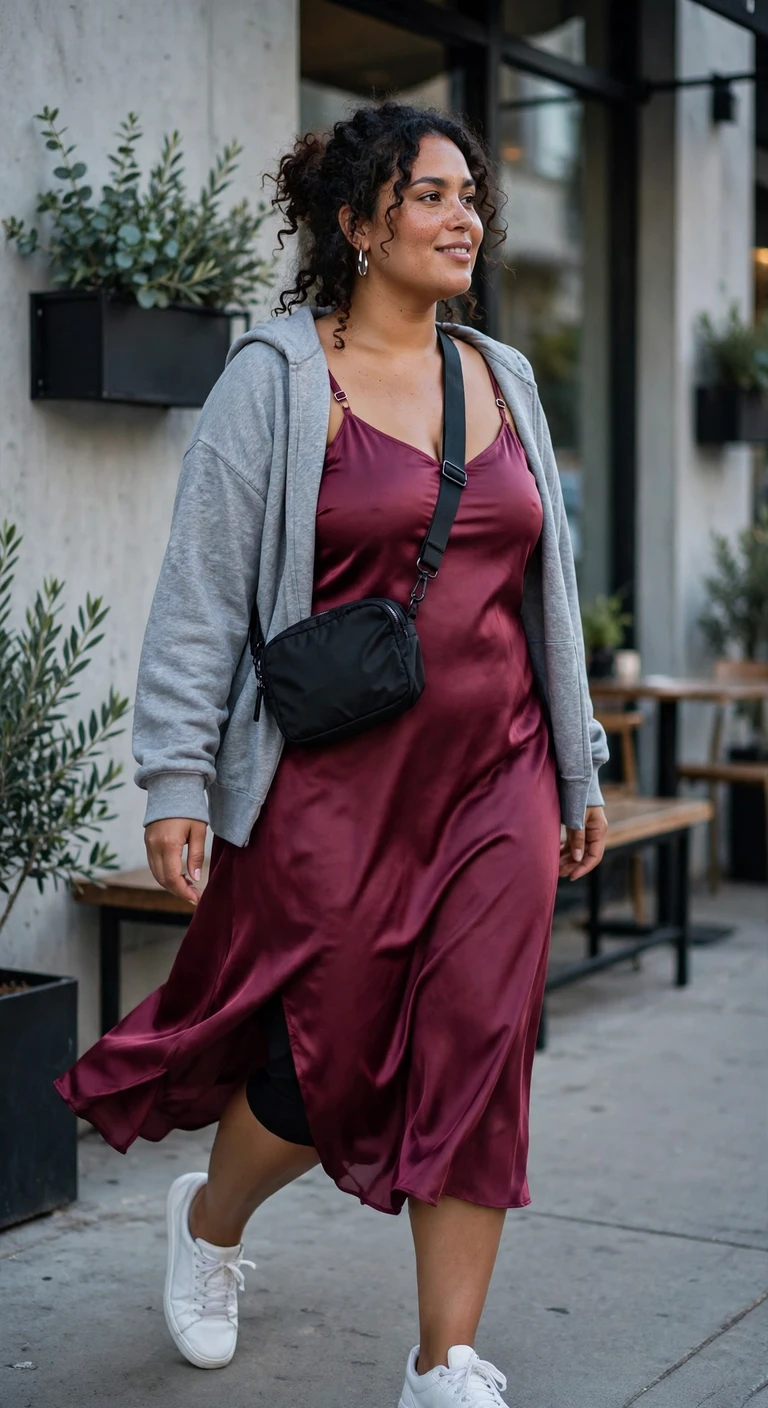 gray hoodie with a satin slip dress
