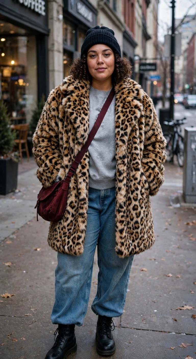 leopard coat, gray sweatshirt and relaxed jeans