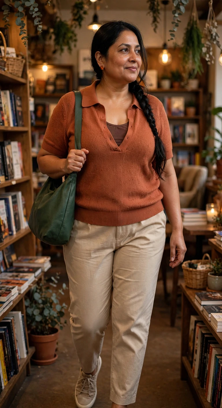 white eyelet top with a cocoa a-line skirt