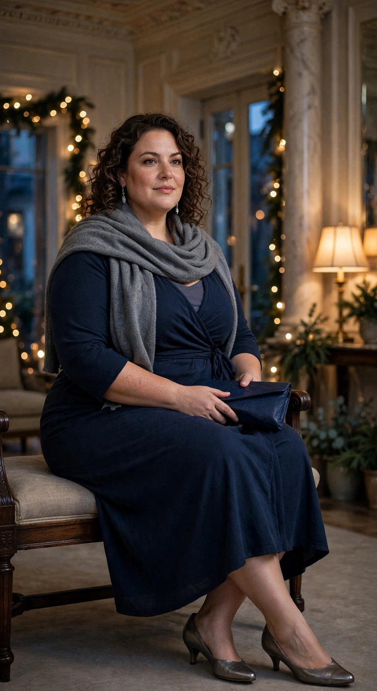 midnight blue wrap dress with silver earrings