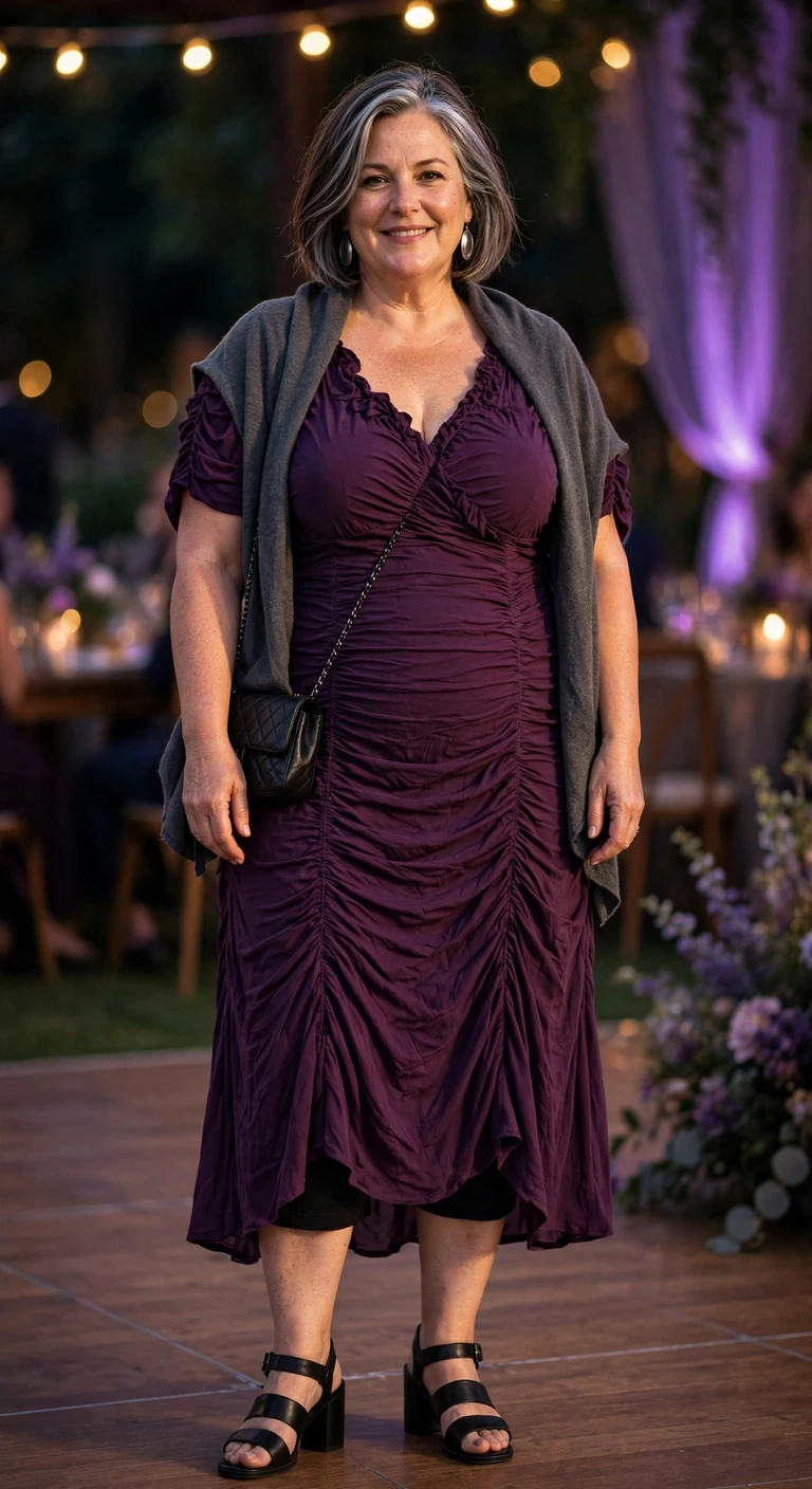eggplant ruched midi with black block heels