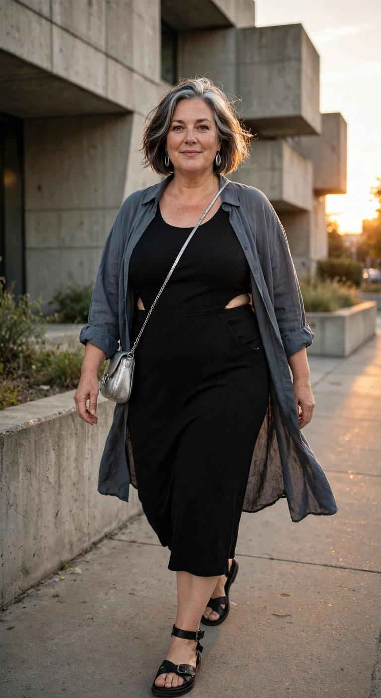 black cutout dress with a lightweight overshirt