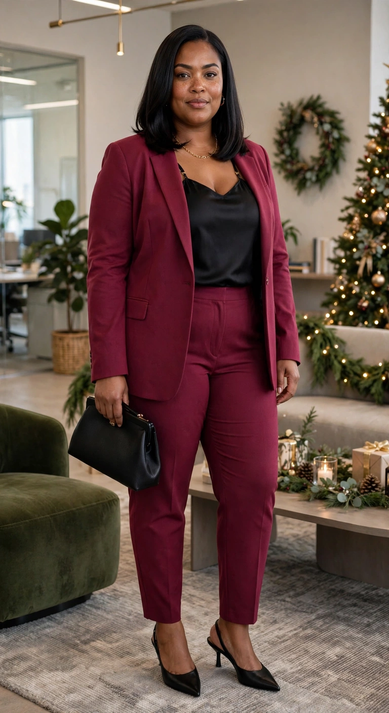 berry suit with a black satin cami