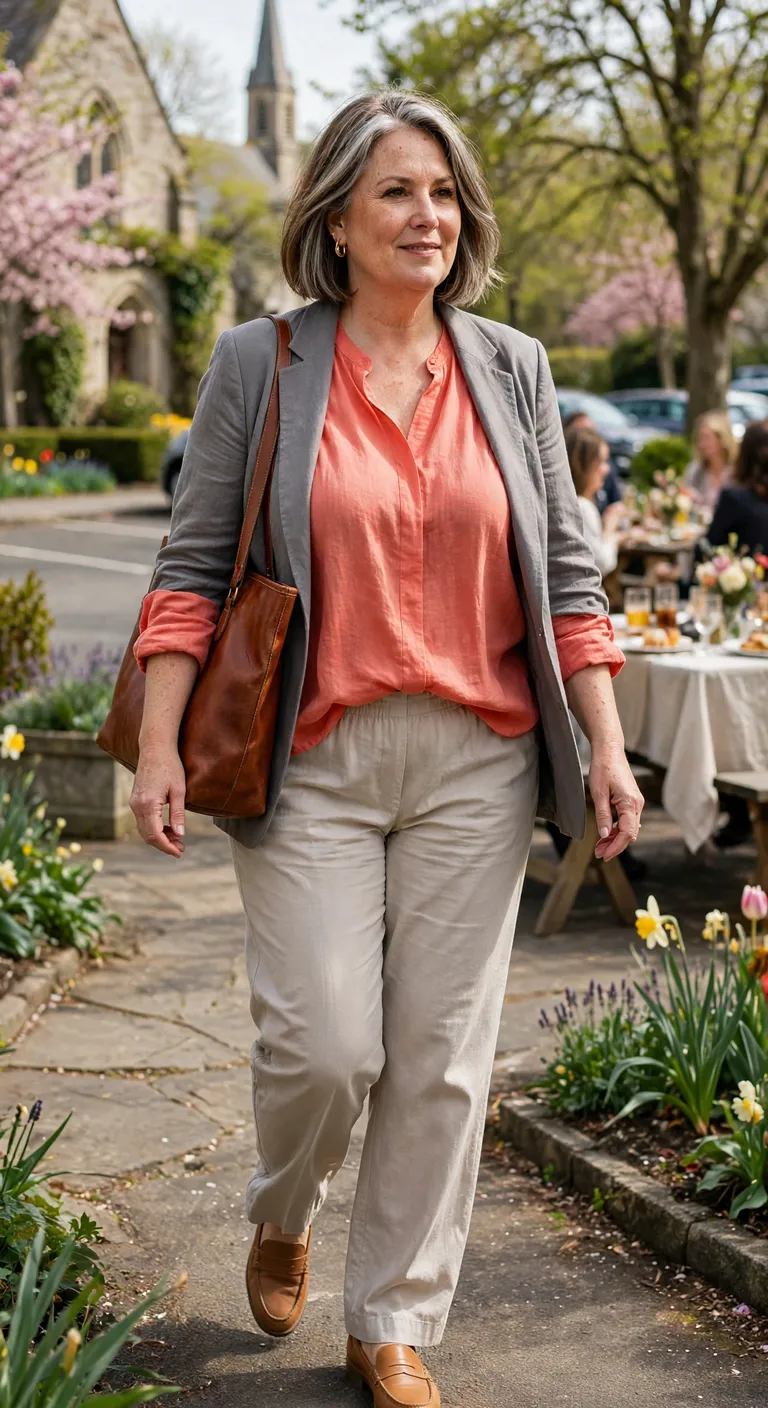 coral blouse with stone relaxed trousers