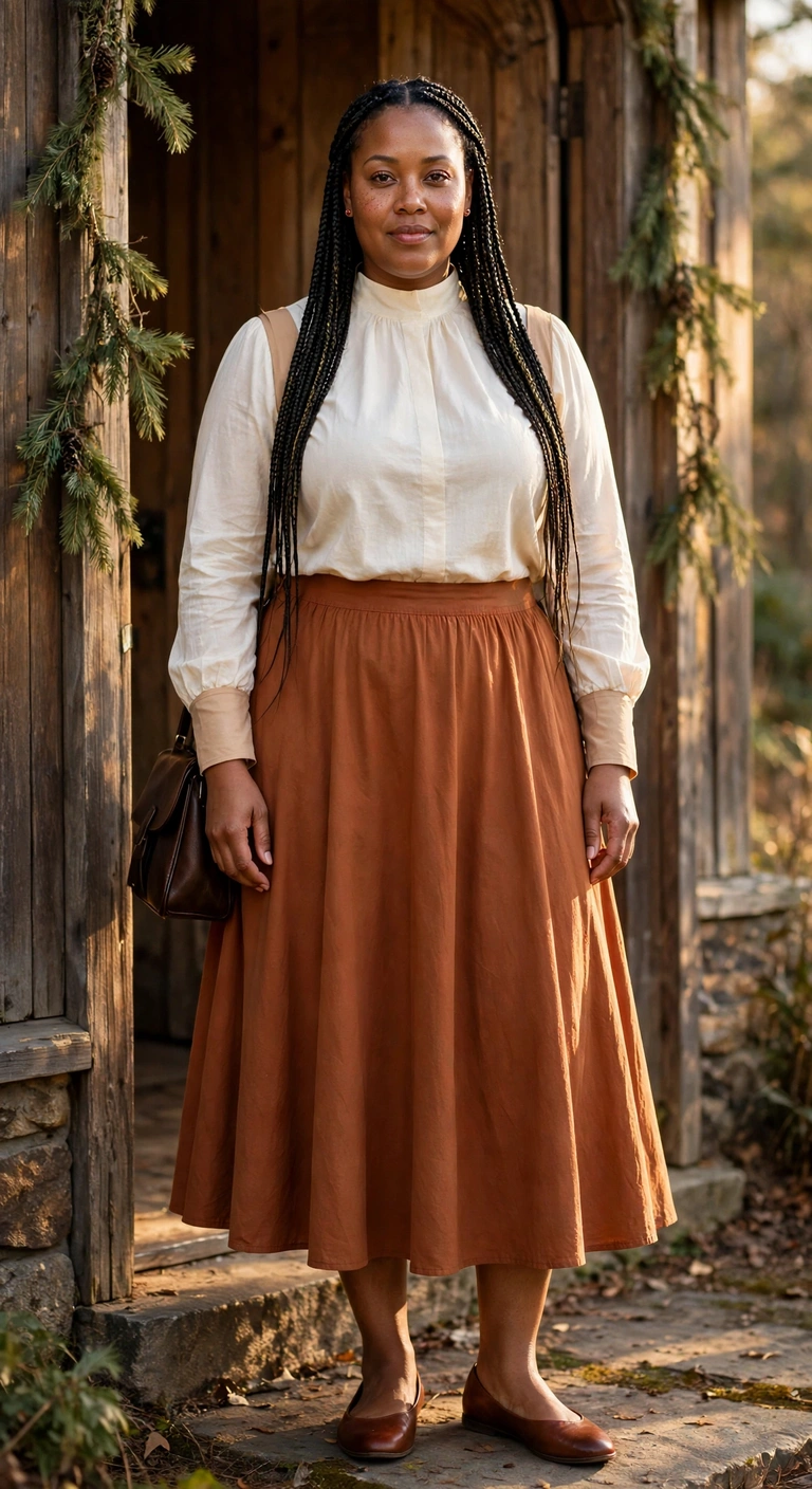 rust midi skirt with a cream high-neck blouse