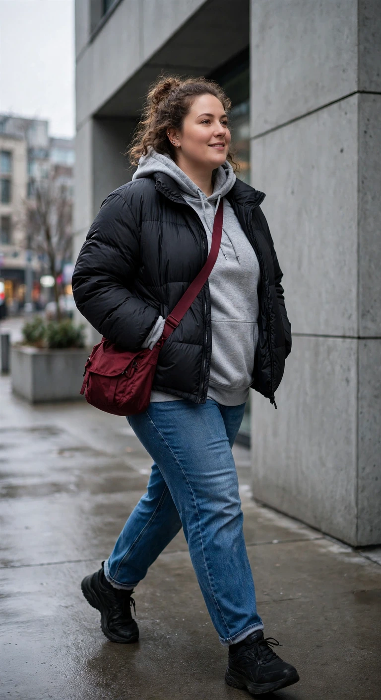 gray hoodie with a black puffer and straight jeans