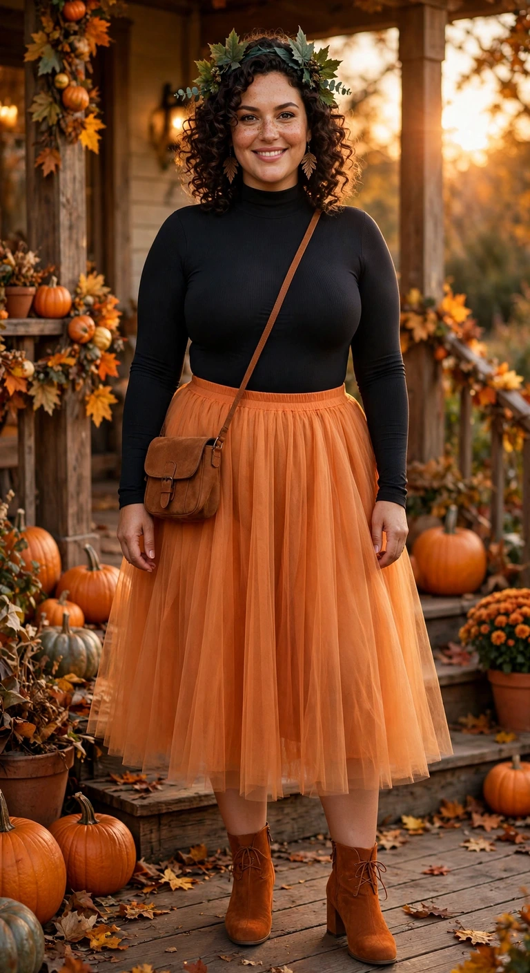 tangerine tulle skirt with a black bodysuit for a pumpkin queen