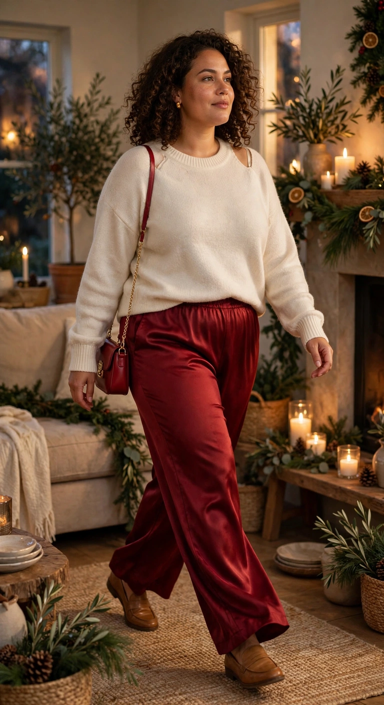 cream sweater with red satin trousers