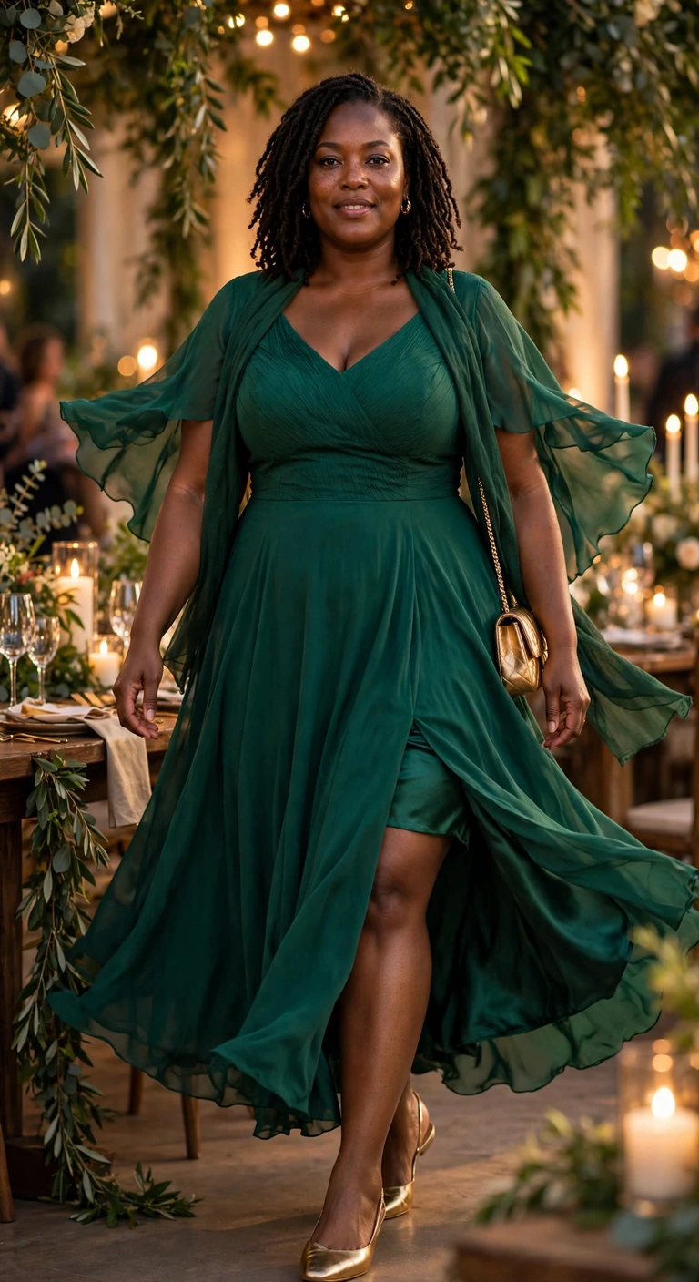 emerald a line gown with soft flutter sleeves