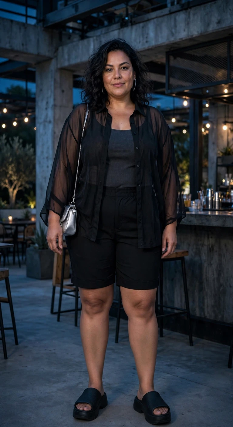 black bermuda shorts with a sheer button-up