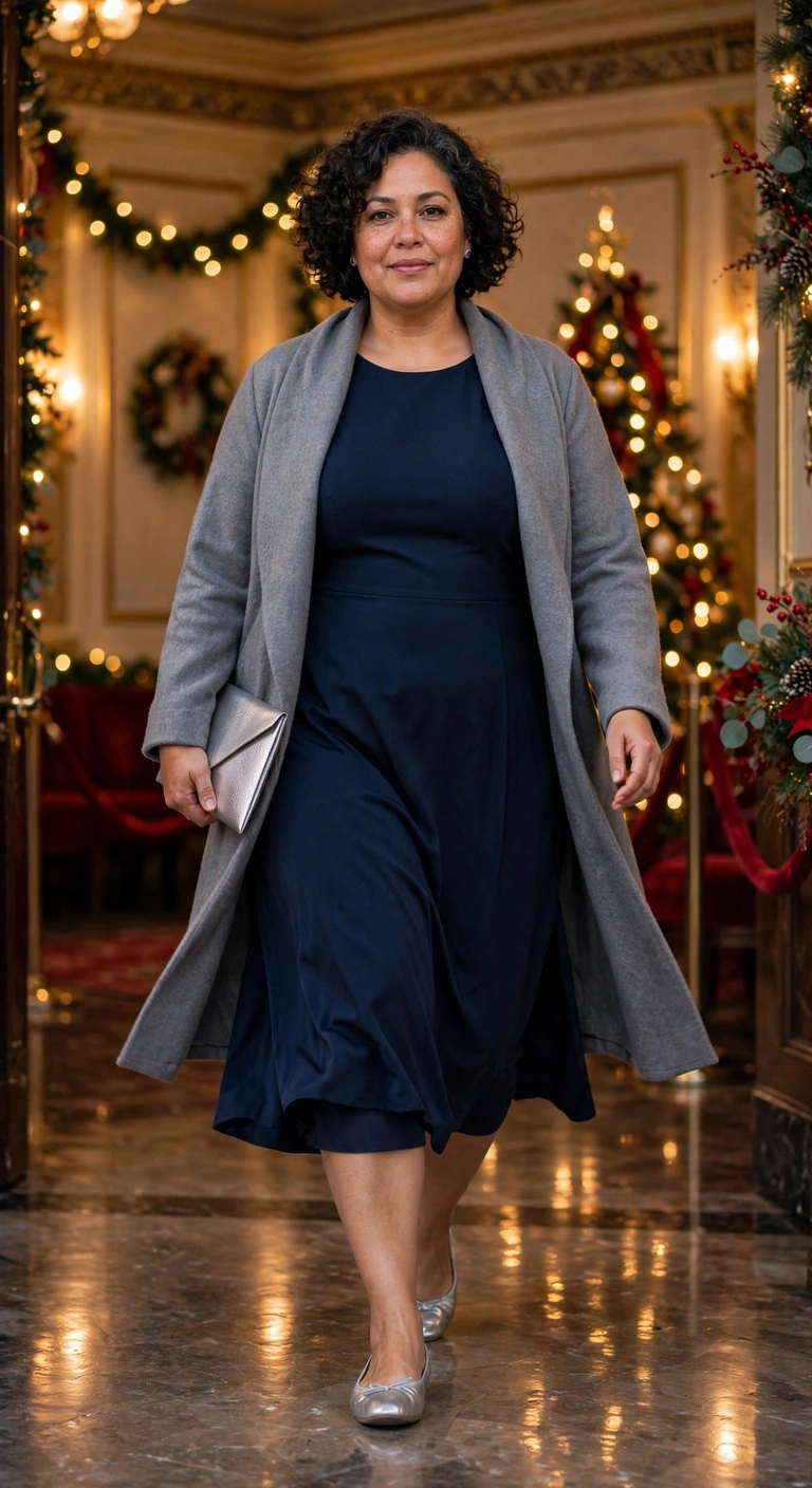 midnight blue column midi with silver flats