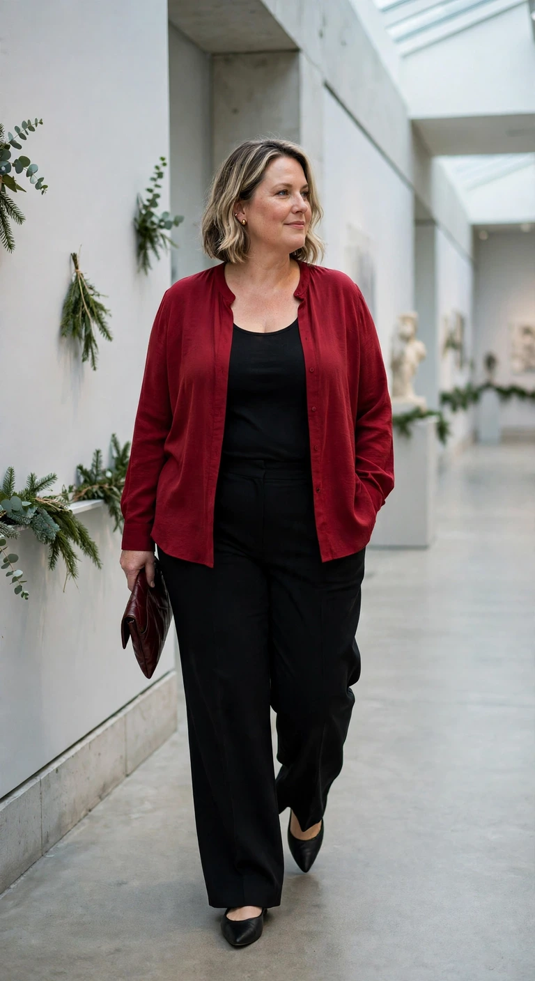 ruby blouse with black wide-leg pants